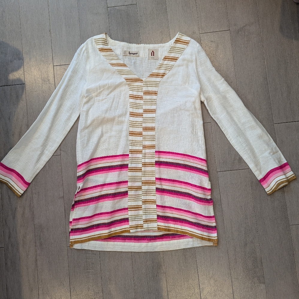LemLem Birabiro Kaftan White Pink Stripe Cotton Tunic Dress Cover Up Size Small